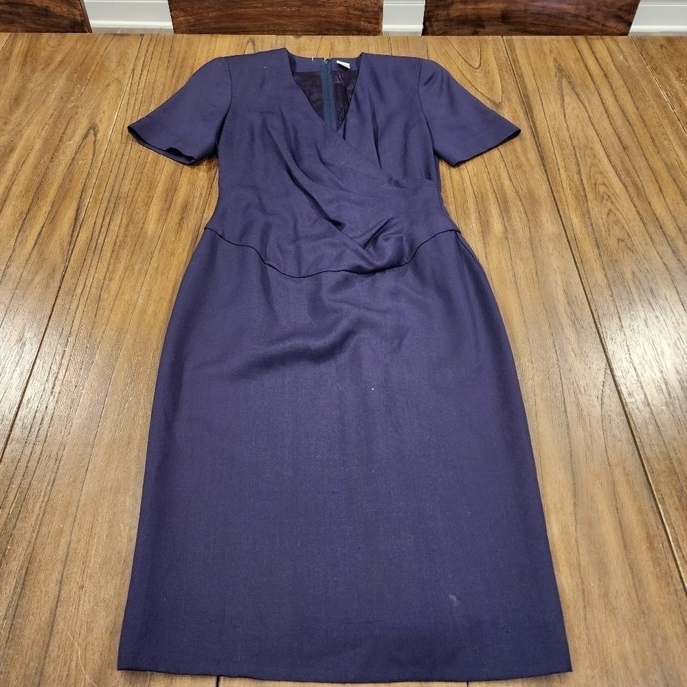 Navy purple faux wrap professional cocktail pinup pencil a-line dress midi  4